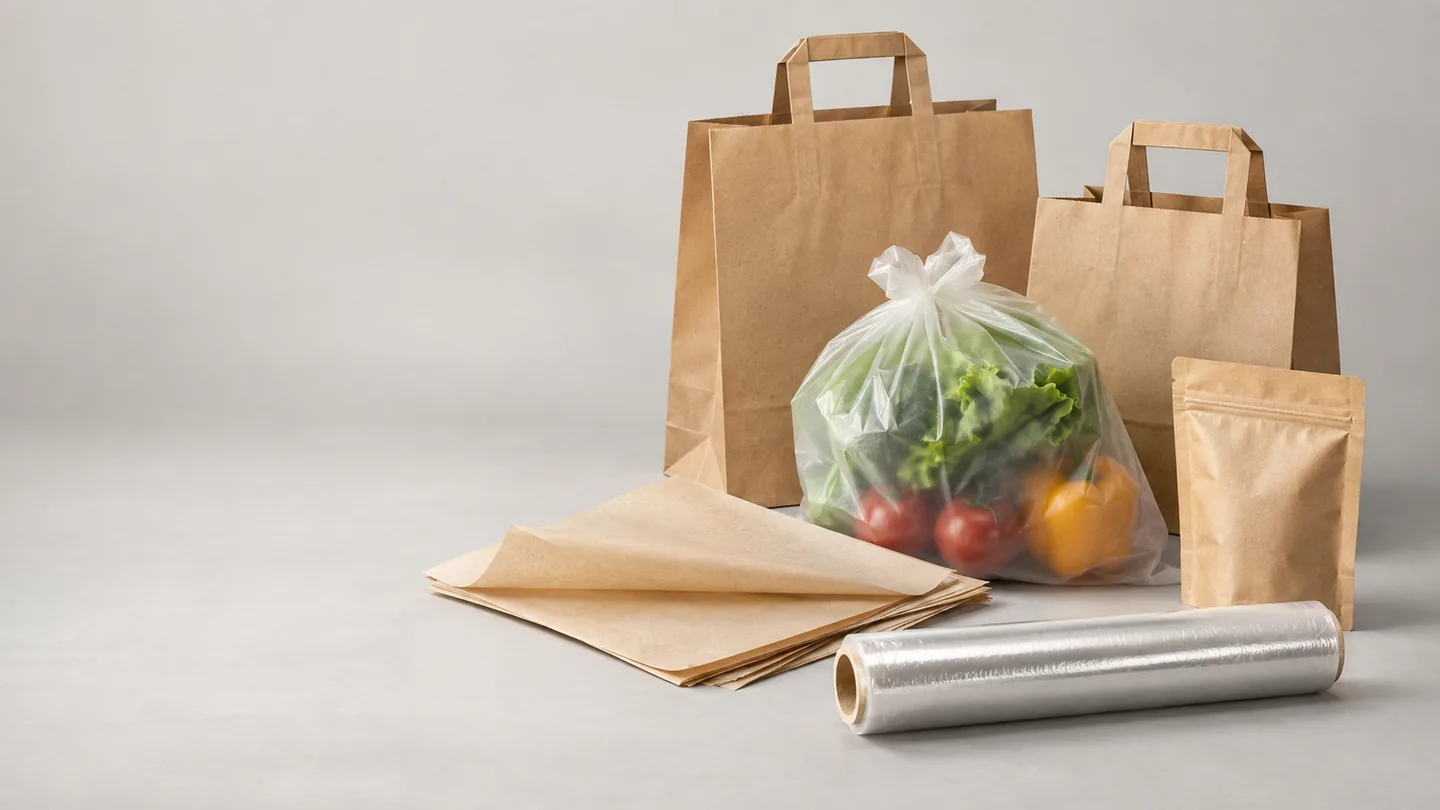 Plain kraft paper takeaway bags, a translucent produce bag, wrapping sheets and clear food wrap