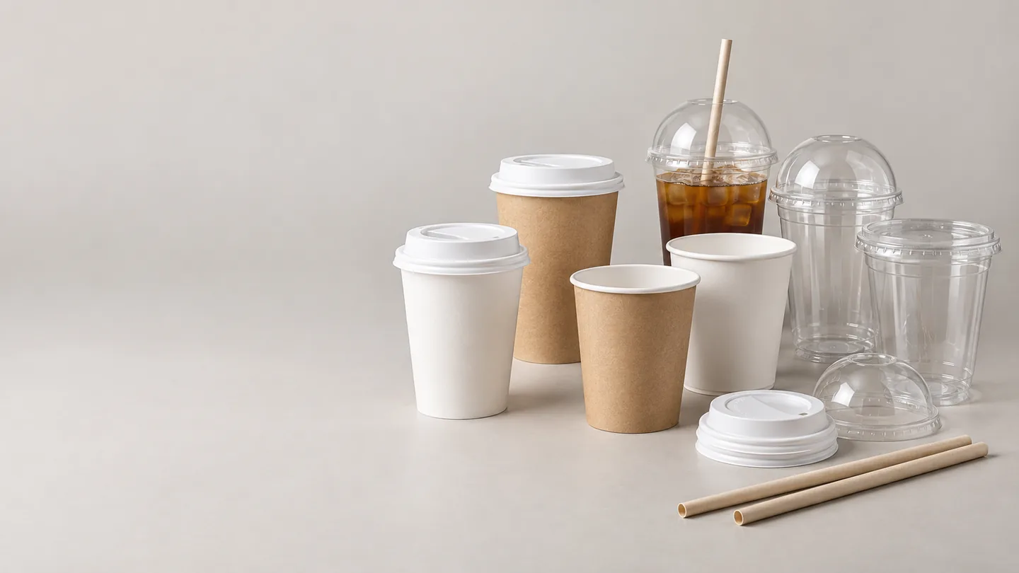 Assorted unbranded paper hot cups, clear cold cups, cup lids and paper straws on a neutral studio background