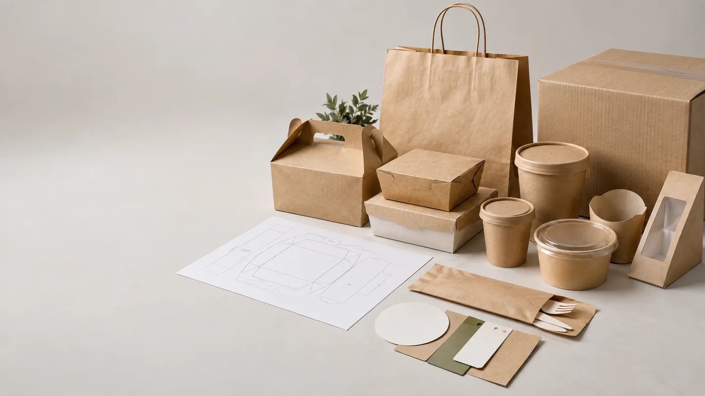 Plain kraft food packaging, cups, bags and a shipping carton shown with blank design materials
