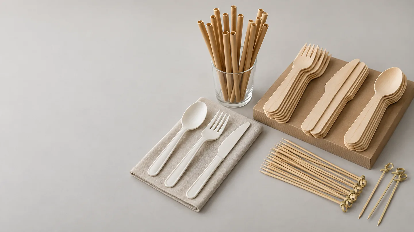 Wooden and light-colored disposable cutlery, paper straws and bamboo skewers arranged as product sets