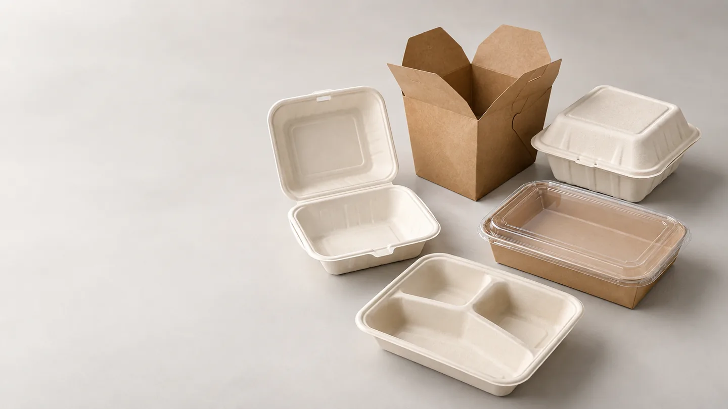 Unbranded molded fiber, kraft paper and clear-lidded takeaway food containers arranged on a neutral background
