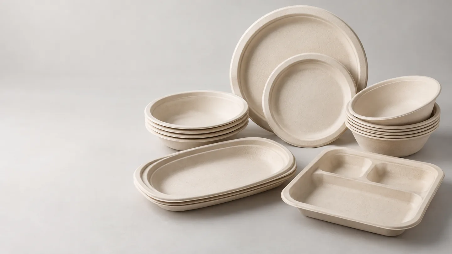 Natural molded fiber disposable plates, bowls and divided trays in coordinated sizes