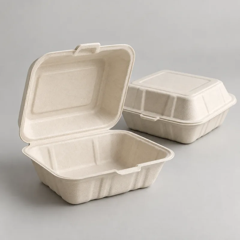 Open and closed natural bagasse clamshell takeaway containers