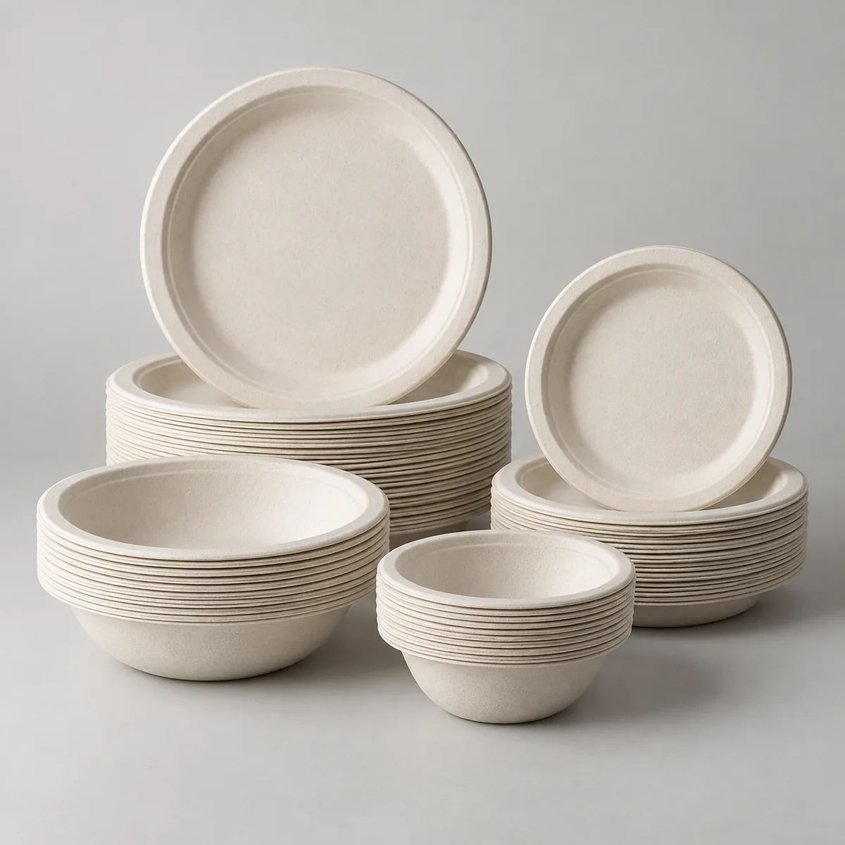 Stacks of natural bagasse plates and bowls in coordinated diameters