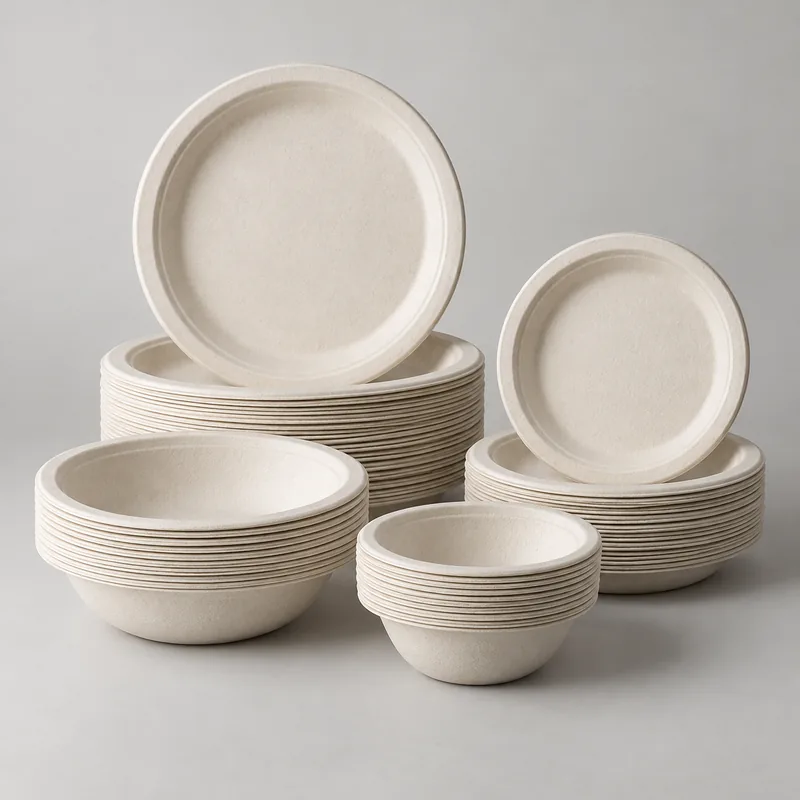 Stacks of natural bagasse plates and bowls in coordinated sizes