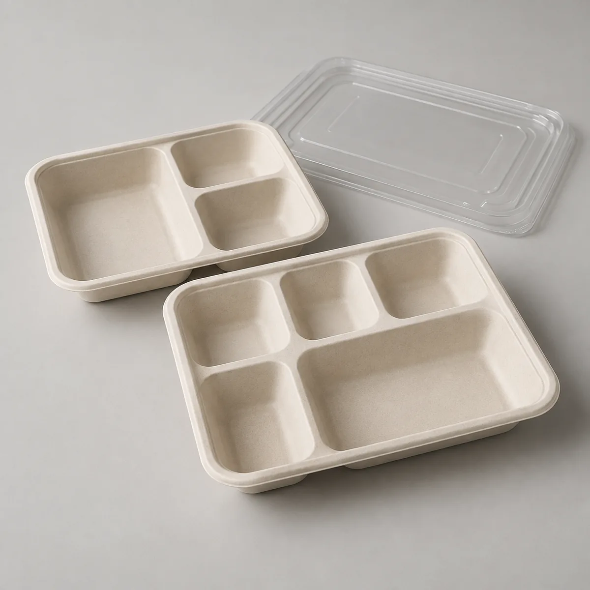 Natural molded-fiber three- and five-compartment meal trays with clear lid