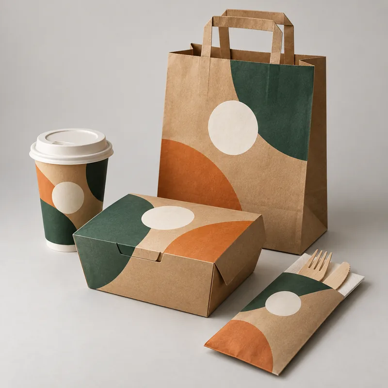 Coordinated food packaging with abstract green and orange print areas and no brand text