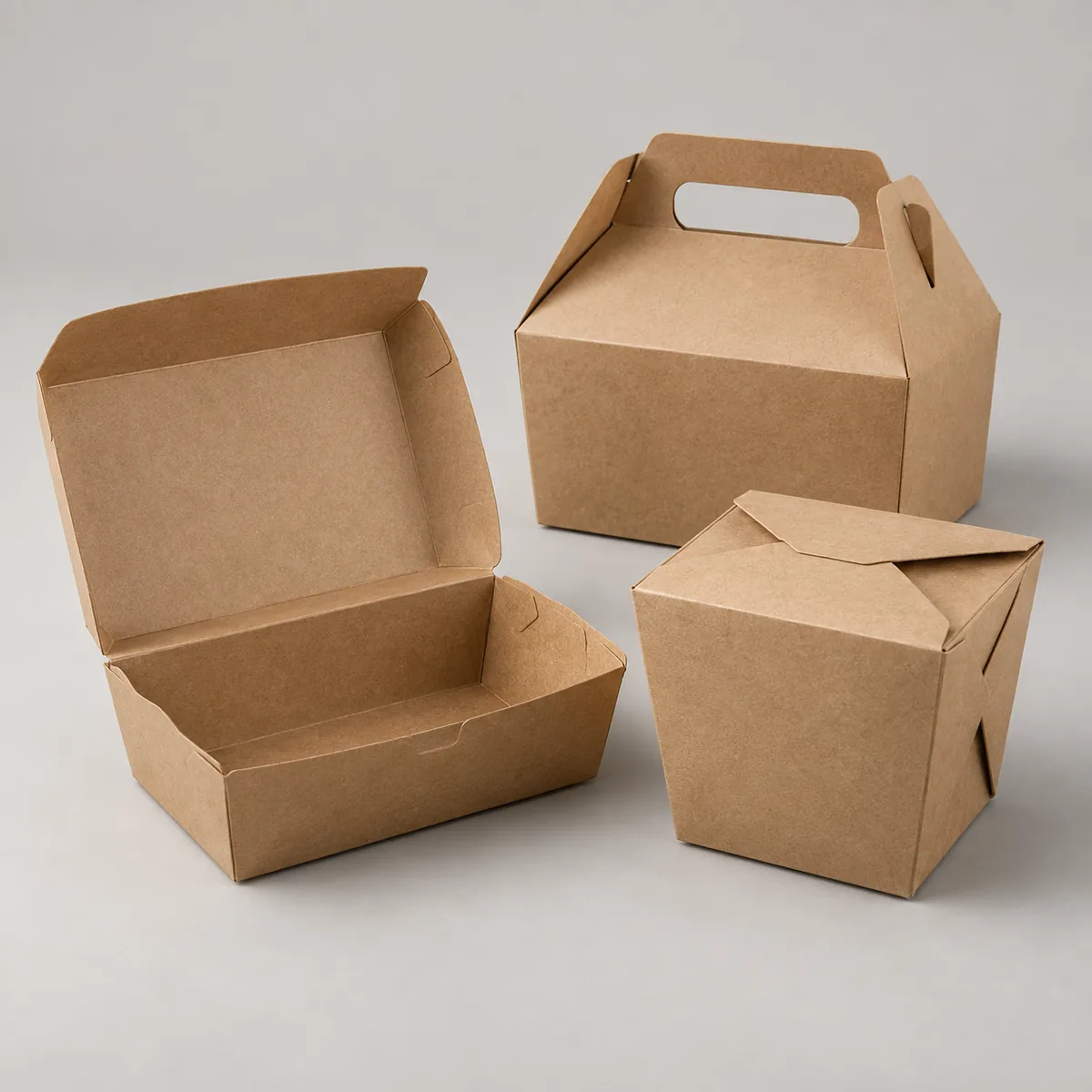 Assorted unbranded kraft paper takeaway boxes in open and closed formats