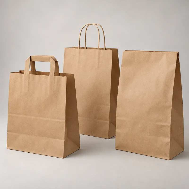 Plain kraft takeaway bags with flat, twisted and handleless formats