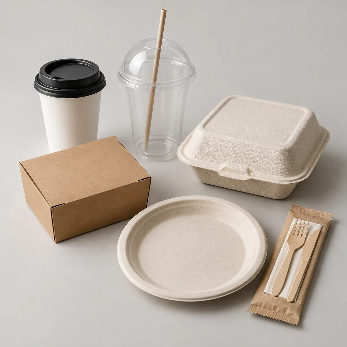 Mixed wholesale assortment of drink cups, food containers, plate and wooden cutlery