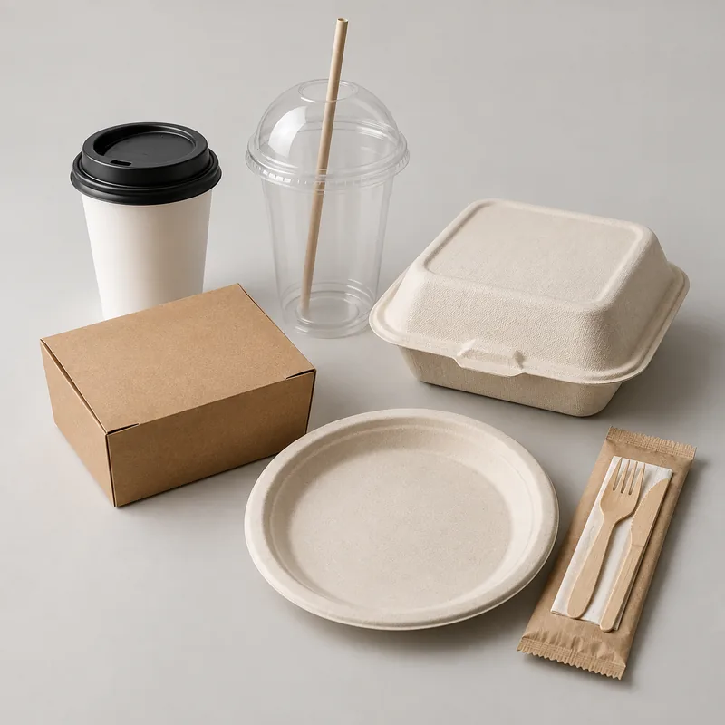 Mixed assortment of cups, food containers, plate and wooden cutlery