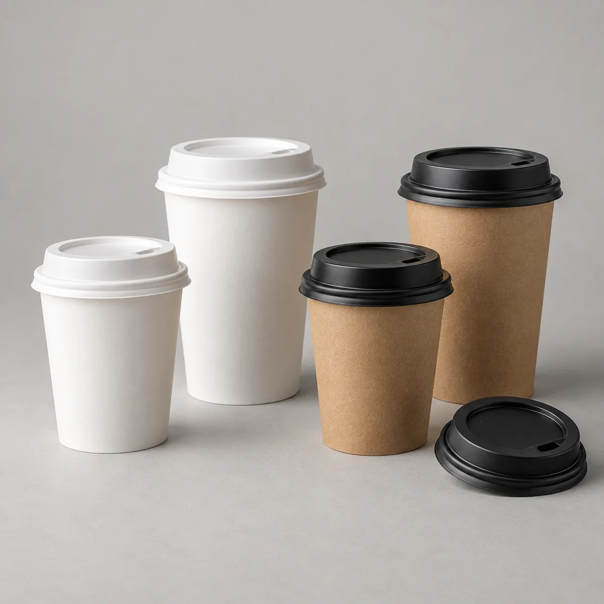Unbranded white and kraft paper hot cups with compatible lids