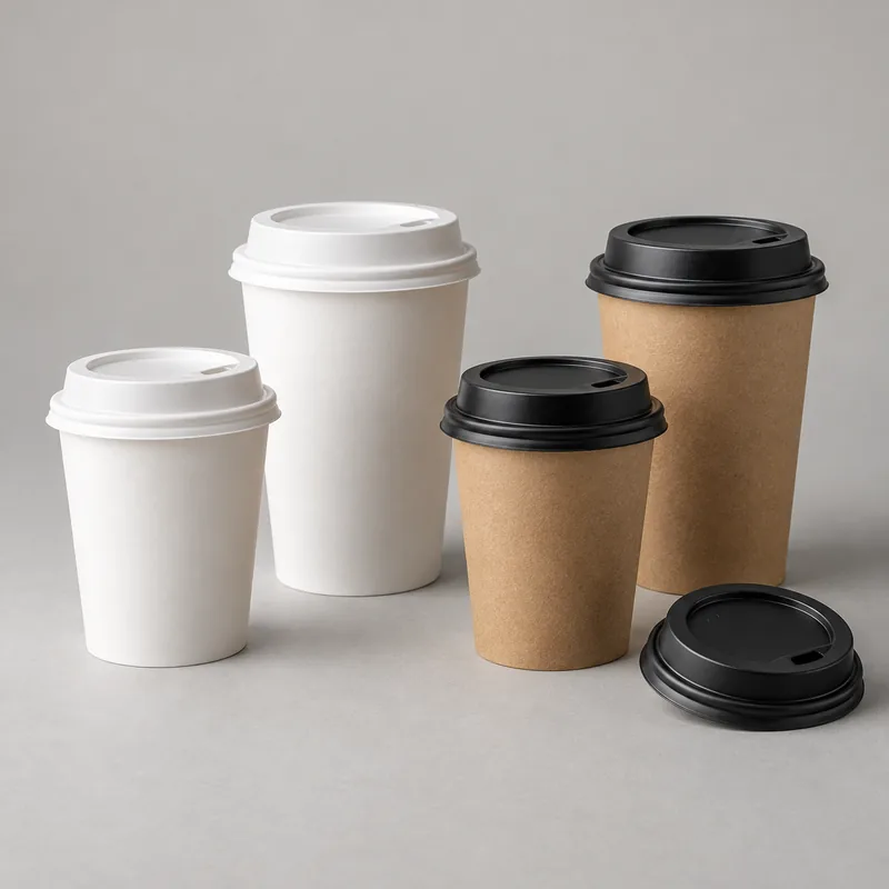 White and kraft paper hot cups with matching lids
