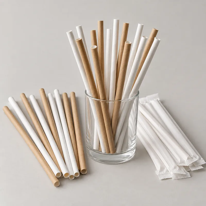 Plain kraft and white paper drinking straws with wrapped straws