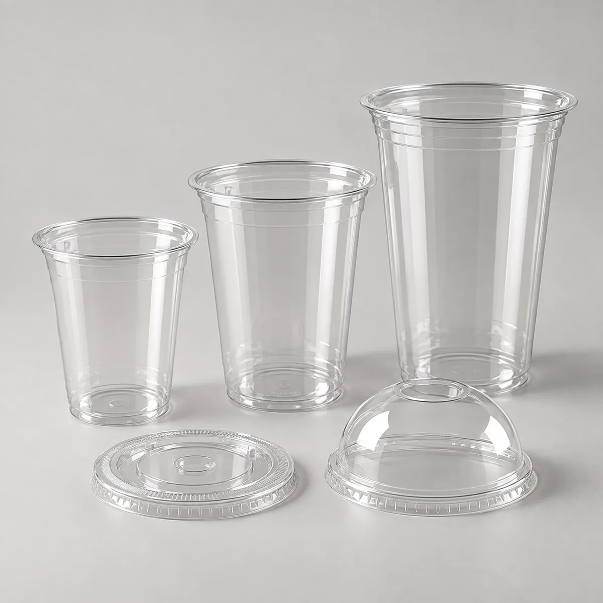 Clear PET cold cups in three sizes with flat and dome lids