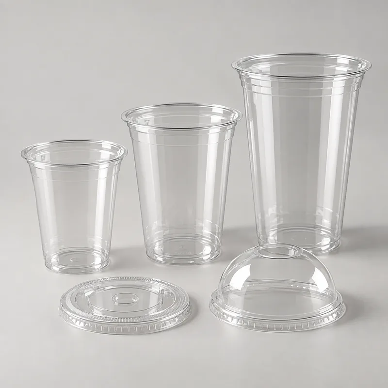 Clear PET cold cups in multiple sizes with flat and dome lids