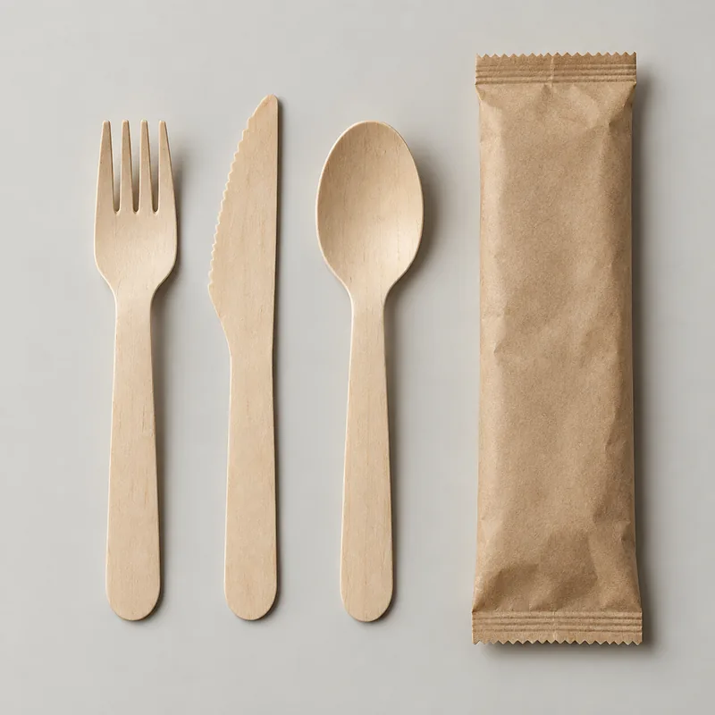 Birch wooden fork, knife and spoon with a plain kraft sleeve